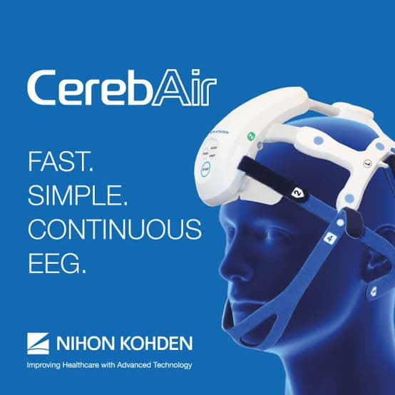 CerebAir wireless EEG headset worn by a blue mannequin for fast, simple, continuous monitoring.