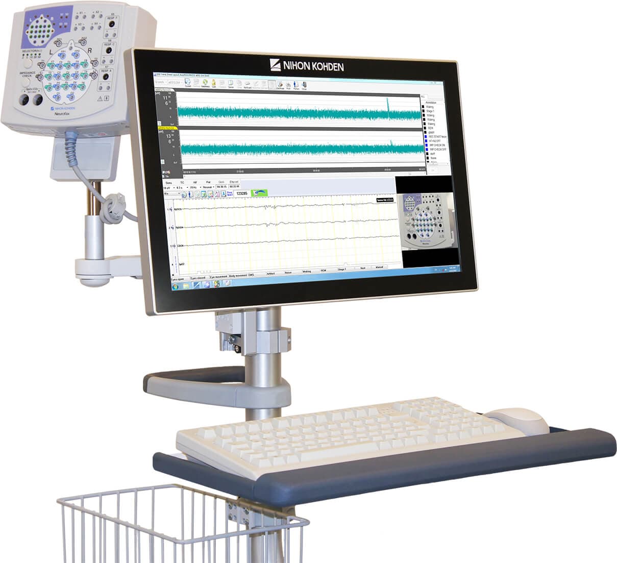 Nihon Kohden medical workstation with a large screen displaying waveforms, a keyboard, and mouse.