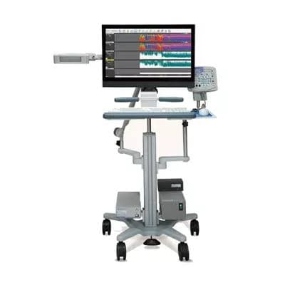 Clinical monitoring system on a rolling cart featuring a display screen, keyboard, and electronic modules.