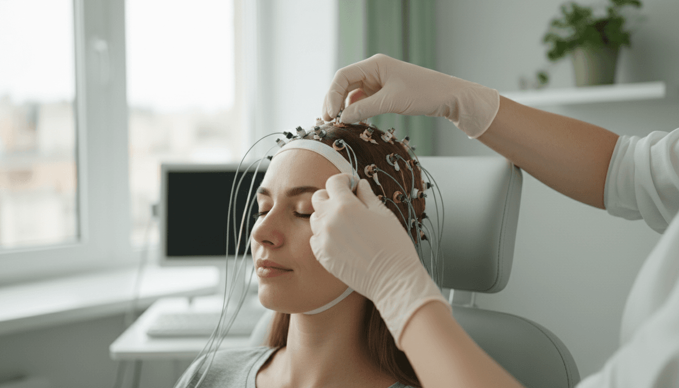 Neurologist placing an EEG electrode cap