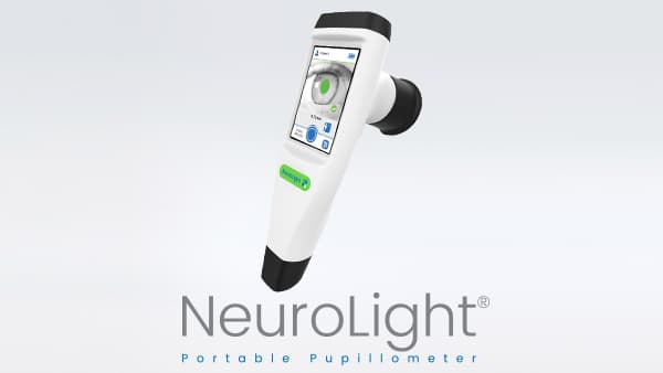 NeuroLight portable pupillometer, a handheld medical device with a screen displaying a digital eye scan.