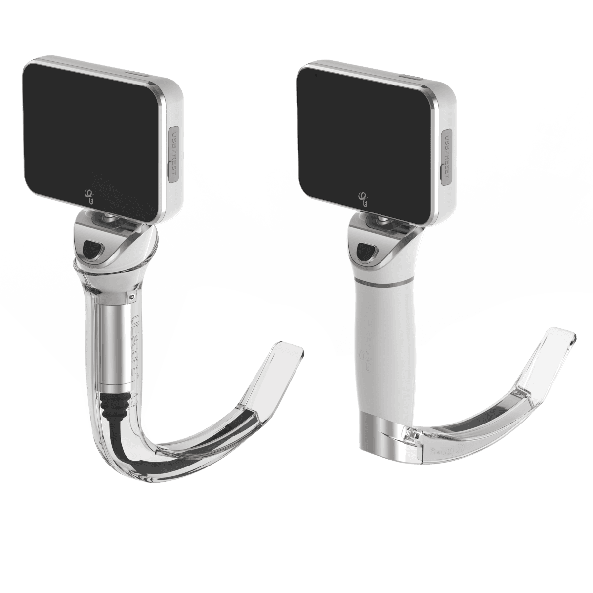 Two video laryngoscopes with digital screens, one with a transparent handle and one white handle.