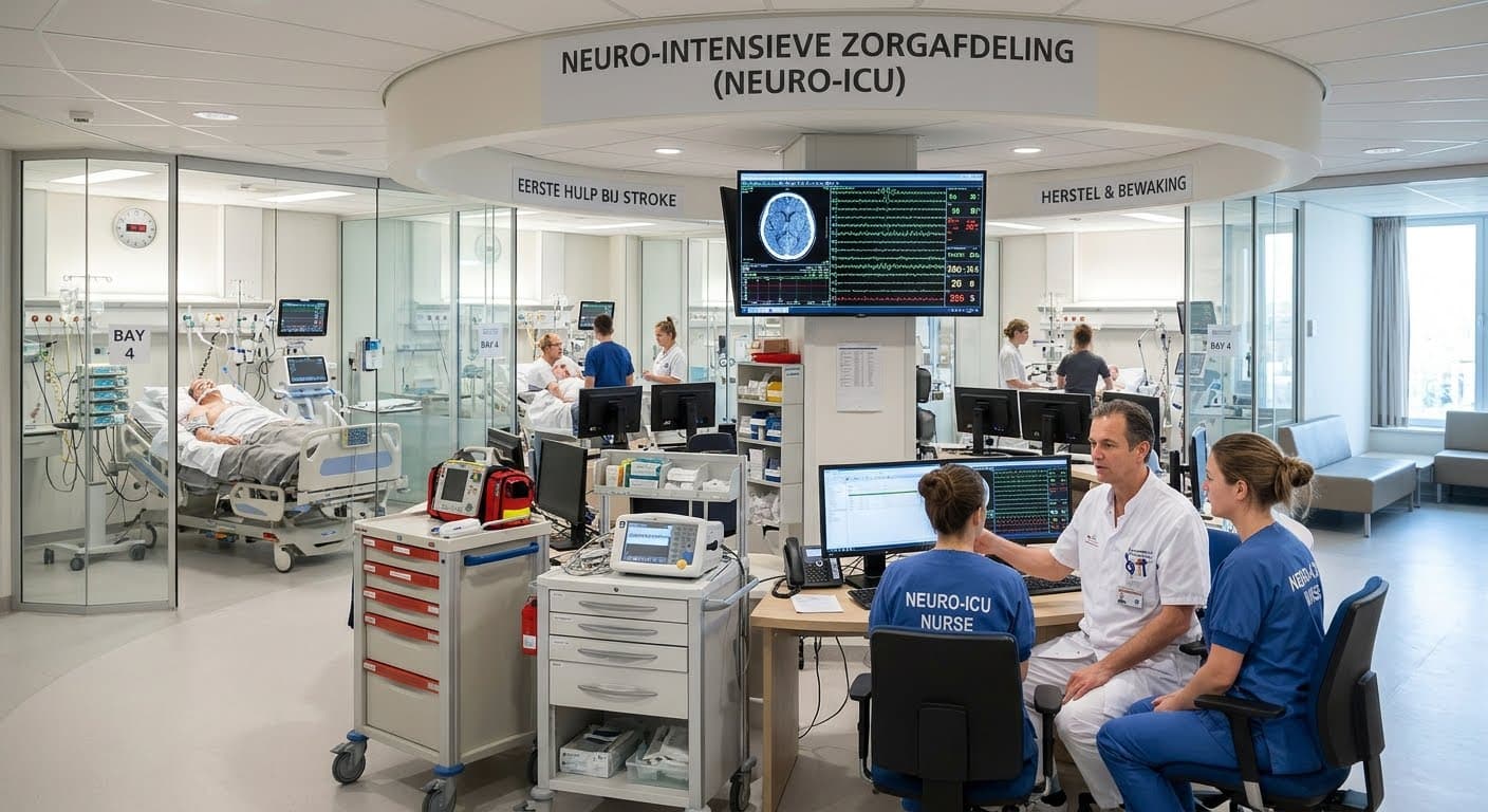 Medical professionals monitoring patients in a modern neuro-intensive care unit with advanced digital equipment.