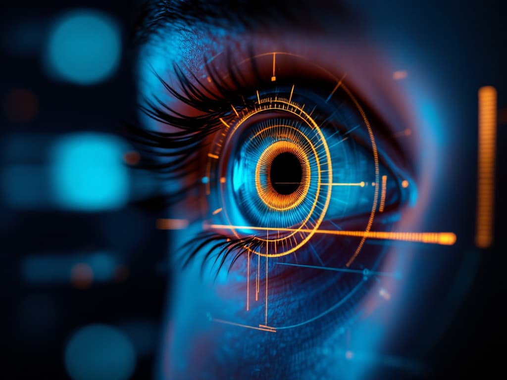 Human eye with glowing orange digital biometric scanning overlays and futuristic blue lighting effects.